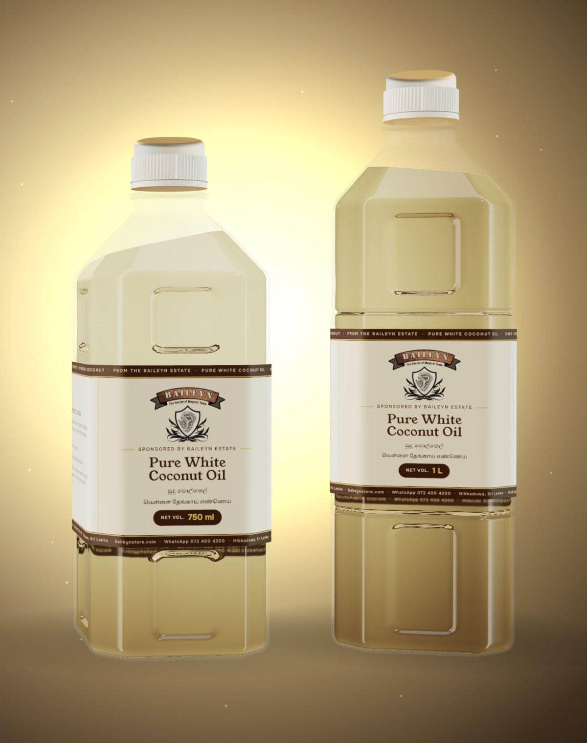 Baileyn Pure White Coconut Oil in 750 ml and 1 litre bottles